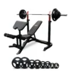Squat Rack and Bench Press Package with 120kg Rubber Olympic Plates, Leg Developer, 7ft Olympic Barbell
