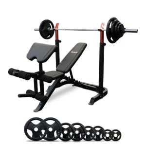 Squat Rack and Bench Press Package with 120kg Rubber Olympic Plates, Leg Developer, 7ft Olympic Barbell