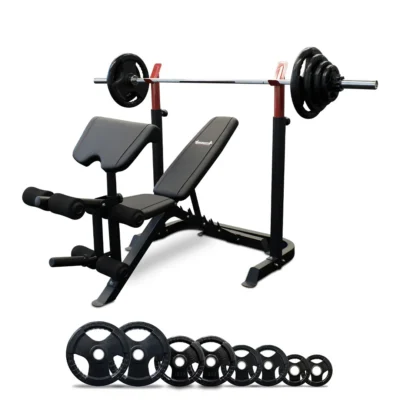 Squat Rack and Bench Press Package with 120kg Rubber Olympic Plates, Leg Developer, 7ft Olympic Barbell